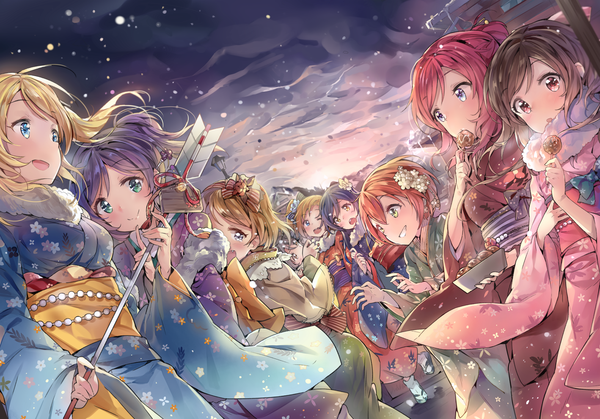 Anime picture 1418x991 with love live! school idol project sunrise (studio) love live! nishikino maki yazawa nico toujou nozomi minami kotori ayase eli sonoda umi kousaka honoka hoshizora rin koizumi hanayo yuran (cozyquilt) long hair looking at viewer blush fringe short hair open mouth blue eyes