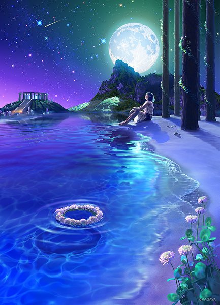 Anime picture 740x1024 with original kagaya single tall image short hair sitting night looking up fantasy scenic shooting star girl plant (plants) tree (trees) water moon star (stars) full moon wreath