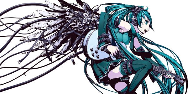 Anime picture 1400x700 with vocaloid hatsune miku torigoe takumi single wide image white background twintails very long hair nail polish aqua eyes aqua hair girl thighhighs skirt detached sleeves wings necktie belt headphones feather (feathers)