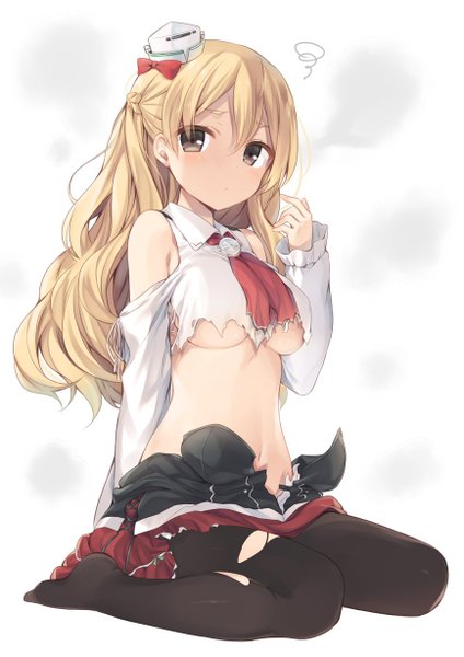 Anime picture 868x1228 with kantai collection zara (kantai collection) komeshiro kasu single long hair tall image looking at viewer blush fringe breasts light erotic simple background blonde hair hair between eyes white background sitting bare shoulders brown eyes full body bent knee (knees)