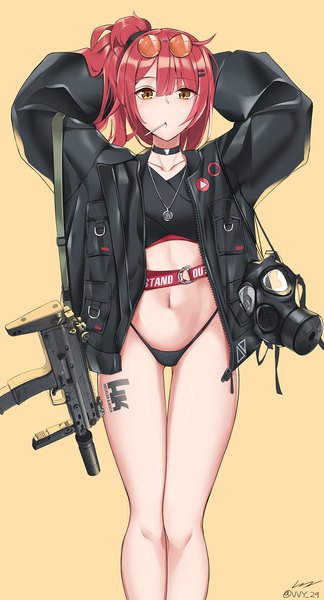 Anime picture 1200x2223 with girls frontline mp7 (girls frontline) vvy single long hair tall image looking at viewer blush fringe light erotic simple background hair between eyes standing signed yellow eyes pink hair open clothes arms up twitter username thigh gap