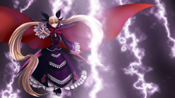 Anime picture 1366x768 with blazblue rachel alucard single long hair blonde hair red eyes wide image twintails loli outstretched arm girl dress