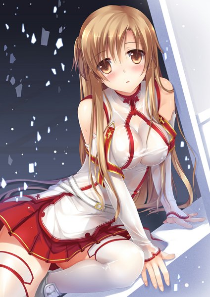 Anime picture 842x1191 with sword art online a-1 pictures yuuki asuna sousouman single long hair tall image looking at viewer blush light erotic brown hair brown eyes girl thighhighs skirt detached sleeves white thighhighs