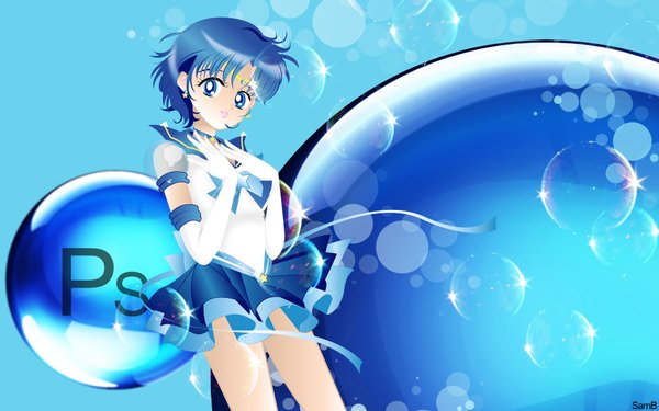 Anime picture 1920x1200 with bishoujo senshi sailor moon toei animation mizuno ami sailor mercury single highres short hair blue eyes wide image blue hair girl gloves earrings elbow gloves sailor suit