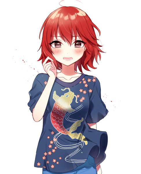 Anime picture 700x862 with idolmaster idolmaster cinderella girls idolmaster cinderella girls starlight stage murakami tomoe yuyupo single tall image blush fringe short hair open mouth simple background hair between eyes white background upper body red hair wind black eyes animal print fish print