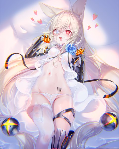 Anime picture 2400x3000 with girls frontline g41 (girls frontline) pottsness single tall image looking at viewer blush fringe highres breasts open mouth blue eyes light erotic blonde hair smile red eyes twintails animal ears lying very long hair