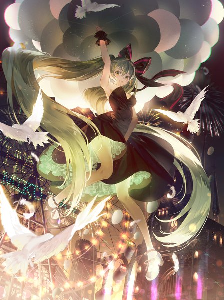 Anime picture 896x1200 with vocaloid hatsune miku fajyobore single tall image looking at viewer fringe hair between eyes twintails green eyes full body very long hair arm up green hair from below armpit (armpits) girl dress bow hair bow