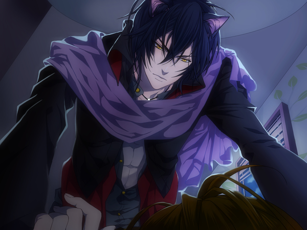 Anime picture 1400x1050 with dandelion: wishes brought to you jisoo cheritz single short hair black hair animal ears yellow eyes cat ears open clothes open jacket open shirt looking down boy shirt jacket window scarf pendant cat