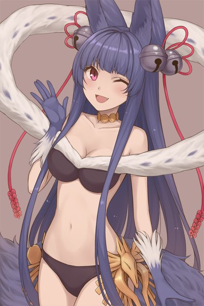 Anime picture 750x1125 with granblue fantasy yuel (granblue fantasy) nananichi single tall image looking at viewer blush breasts open mouth light erotic simple background smile standing bare shoulders animal ears payot blue hair tail blunt bangs very long hair