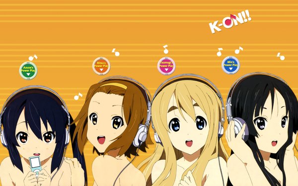 Anime picture 1920x1200 with k-on! kyoto animation akiyama mio hirasawa yui kotobuki tsumugi tainaka ritsu highres black hair blonde hair brown hair wide image multiple girls yellow eyes no bra girl headphones 4 girls