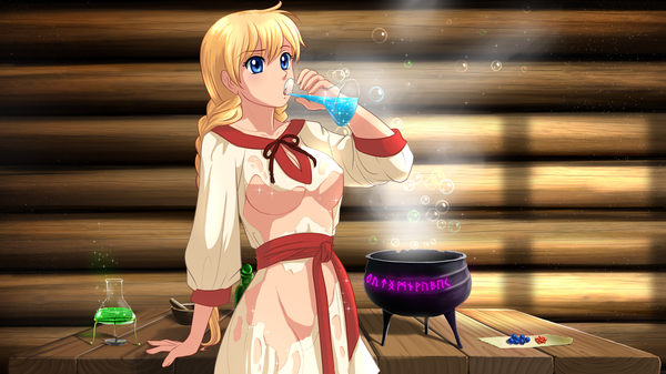 Anime picture 1920x1080 with the herbalist moonworks slavyana (the herbalist) orika nekoi single long hair fringe highres blue eyes light erotic blonde hair wide image standing indoors arm support torn clothes drinking alchemy girl clothes
