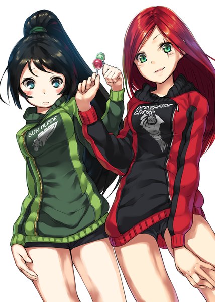Anime picture 571x800 with league of legends akali (league of legends) katarina (league of legends) kamome yuu long hair tall image looking at viewer blush fringe blue eyes black hair simple background smile standing white background multiple girls green eyes ponytail red hair facial mark