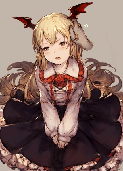 Anime picture 866x1200 with granblue fantasy vampy junwool single long hair tall image blush fringe open mouth simple background blonde hair sitting brown eyes looking away pleated skirt from above grey background teeth fang (fangs) bat wings