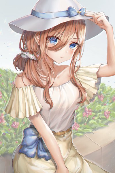 Anime picture 2599x3911 with go-toubun no hanayome nakano miku syatihoko single long hair tall image looking at viewer blush fringe highres blue eyes hair between eyes brown hair sitting bare shoulders outdoors head tilt arm up off shoulder wide sleeves