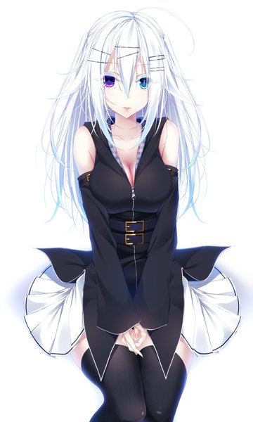 Anime picture 1200x2000 with original yoaferia single long hair tall image looking at viewer fringe breasts blue eyes simple background hair between eyes white background sitting purple eyes cleavage silver hair heterochromia symbol-shaped pupils girl thighhighs