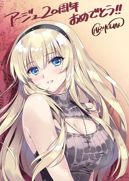 Anime picture 713x1000 with muv-luv alternative schwarzesmarken muv-luv irisdina bernhard carnelian single long hair tall image looking at viewer blush fringe breasts blue eyes blonde hair smile hair between eyes large breasts bare shoulders signed cleavage
