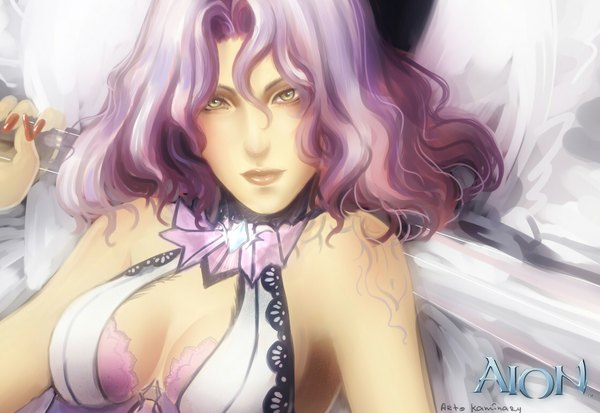 Anime picture 1118x770 with aion kaminary single short hair light erotic bare shoulders green eyes cleavage purple hair nail polish girl weapon