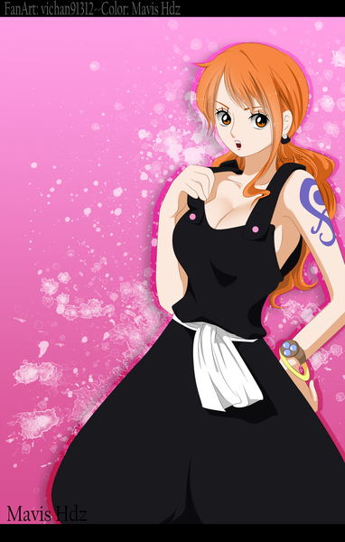 Anime picture 2500x3925 with one piece toei animation nami (one piece) mavis hdz single long hair tall image looking at viewer fringe highres breasts open mouth light erotic simple background large breasts standing twintails signed cleavage lips