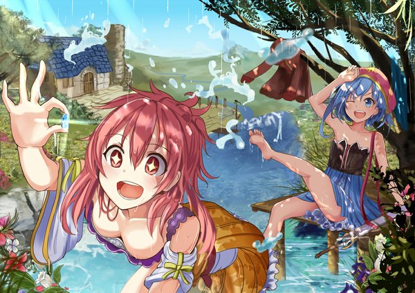 Anime picture 1166x824 with original okutomi fumi long hair blush open mouth blue eyes light erotic smile red eyes bare shoulders multiple girls blue hair sky red hair one eye closed barefoot wink sunlight river + +