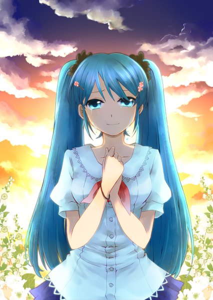 Anime picture 2500x3521 with vocaloid hatsune miku kanna (chaos966) tall image looking at viewer highres twintails cloud (clouds) very long hair aqua eyes aqua hair tears girl hair ornament flower (flowers) hairclip sundress