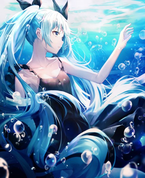 Anime picture 977x1200 with vocaloid shinkai shoujo (vocaloid) hatsune miku huwari (dnwls3010) single tall image fringe blue eyes twintails payot blue hair looking away very long hair parted lips sleeveless outstretched arm underwater girl dress ribbon (ribbons)