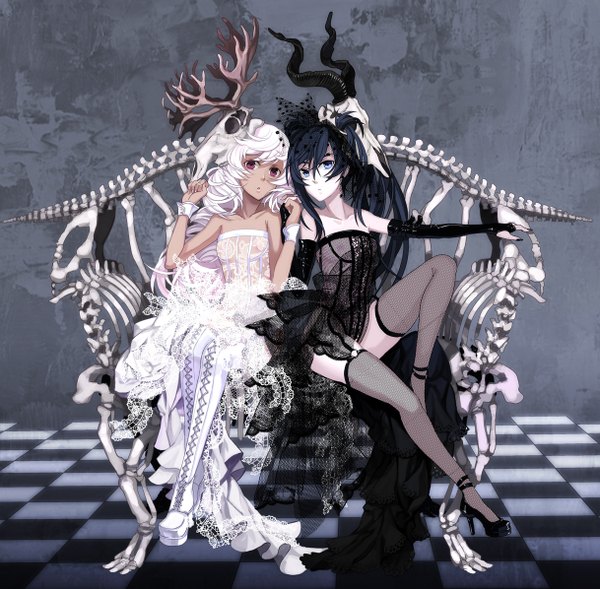 Anime picture 1218x1196 with original osamu (jagabata) long hair blue eyes light erotic black hair red eyes multiple girls white hair nail polish horn (horns) lacing checkered floor skeleton bone (bones) girl thighhighs dress hair ornament 2 girls