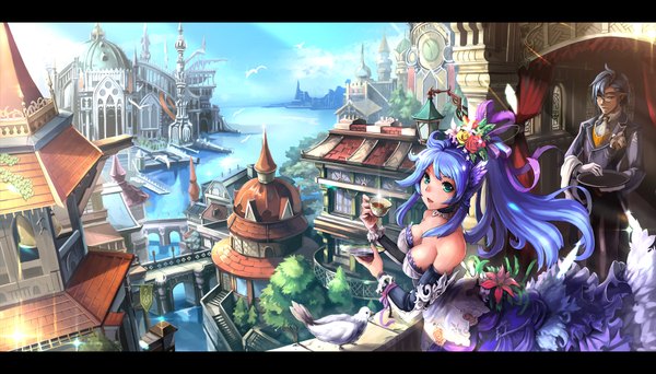 Anime picture 1754x1000 with original jizero long hair highres wide image bare shoulders green eyes animal ears yellow eyes blue hair sky cloud (clouds) city cityscape elf landscape butler girl dress boy