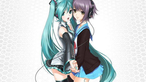 Anime picture 1920x1080 with suzumiya haruhi no yuutsu vocaloid kyoto animation hatsune miku nagato yuki sano toshihide long hair blush highres short hair open mouth simple background wide image twintails bare shoulders multiple girls brown eyes green eyes purple hair very long hair