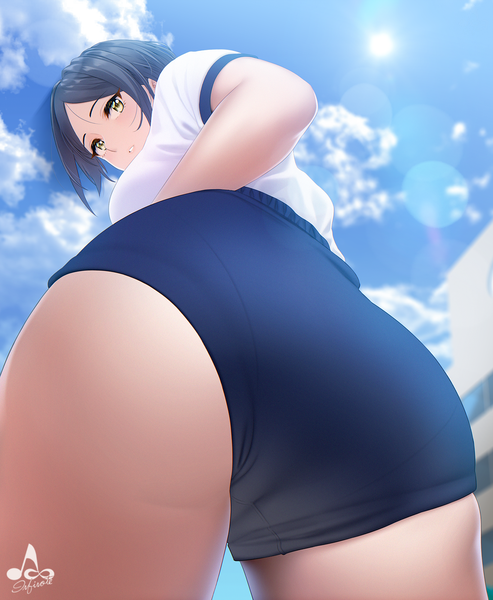 Anime picture 1315x1600 with idolmaster idolmaster cinderella girls hayami kanade infinote single tall image looking at viewer blush fringe short hair light erotic signed yellow eyes payot blue hair sky cloud (clouds) outdoors ass parted lips