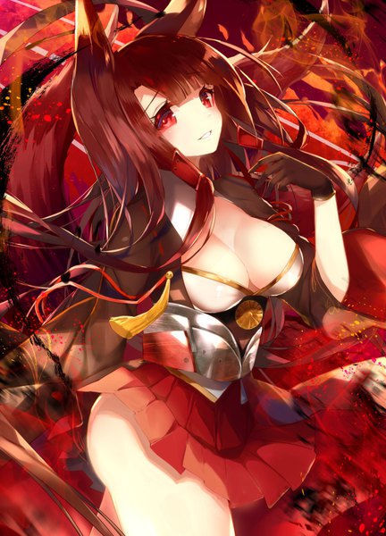 Anime picture 592x822 with azur lane akagi (azur lane) nekoboshi sakko single long hair tall image looking at viewer blush fringe breasts light erotic smile red eyes brown hair large breasts animal ears payot cleavage ass tail