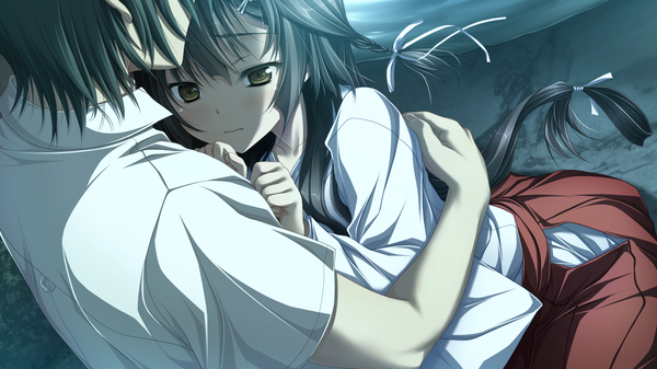 Anime picture 1280x720 with amatsutsumi purple software asahina kyouko (amatsutsumi) long hair black hair wide image brown eyes game cg traditional clothes japanese clothes couple hug miko girl boy