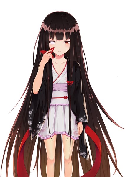 Anime picture 1500x2121 with original flan (seeyouflan) single tall image looking at viewer fringe simple background brown hair standing white background brown eyes silver hair blunt bangs traditional clothes japanese clothes heterochromia floral print flat chest serious white eyes