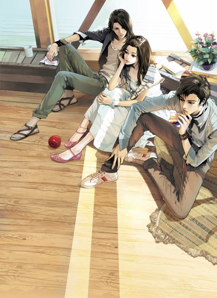 Anime picture 882x1211 with original daisy (artist) long hair tall image brown hair sitting looking away lips multiple boys shadow finger to mouth girl dress boy flower (flowers) plant (plants) shoes jacket bracelet book (books)