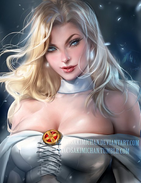 Anime picture 695x900 with x-men marvel comics emma grace frost sakimichan single long hair tall image breasts blue eyes light erotic blonde hair large breasts bare shoulders signed looking away lips realistic girl choker