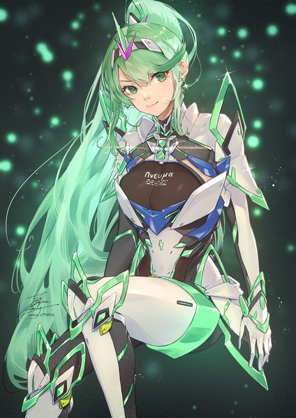 Anime picture 1061x1500 with xenoblade xenoblade 2 pneuma (xenoblade) fadingz single tall image looking at viewer fringe breasts light erotic smile hair between eyes sitting green eyes signed payot bent knee (knees) ponytail very long hair green hair
