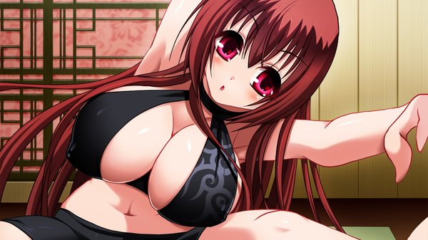 Anime picture 1280x720 with sangoku hime unicorn-a long hair blush breasts light erotic red eyes brown hair wide image game cg huge breasts girl navel