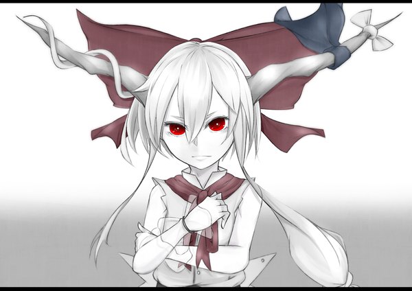 Anime picture 1753x1239 with touhou ibuki suika crazyoton46 single long hair looking at viewer fringe highres simple background hair between eyes red eyes white hair horn (horns) sleeveless gradient background crossed arms white skin girl wrist cuffs neckerchief