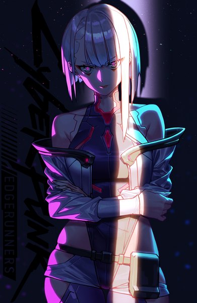 Anime picture 1823x2800 with cyberpunk edgerunners studio trigger lucy (cyberpunk) haje single tall image looking at viewer highres short hair light erotic standing silver hair upper body shadow shaded face crossed arms girl leotard