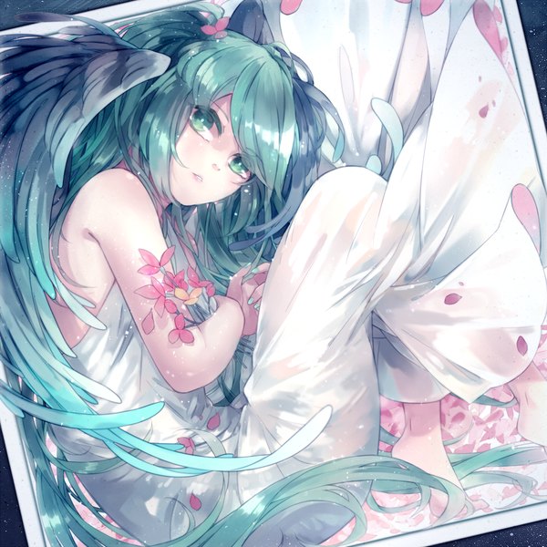 Anime picture 1000x1000 with vocaloid hatsune miku lyodi (artist) single long hair blush fringe twintails bare shoulders looking away bent knee (knees) lying nail polish parted lips barefoot aqua eyes aqua hair no shoes black wings girl