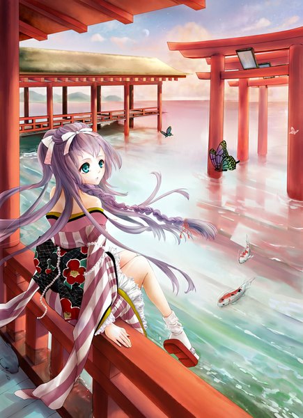 Anime picture 600x826 with original maronie. single long hair tall image sitting bare shoulders sky purple hair cloud (clouds) braid (braids) traditional clothes japanese clothes looking back aqua eyes single braid girl bow hair bow animal