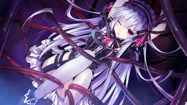 Anime picture 1280x720 with fairy fencer f tiara (fairy fencer f) tsunako single long hair fringe open mouth light erotic hair between eyes wide image game cg white hair one eye closed pink eyes wink crack girl thighhighs dress white thighhighs