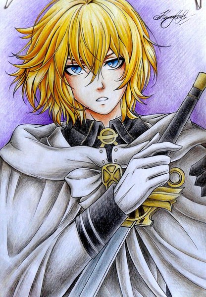 Anime picture 710x1024 with owari no seraph wit studio hyakuya mikaela tagme (artist) single tall image looking at viewer fringe short hair blue eyes blonde hair hair between eyes holding signed parted lips traditional media colored pencil (medium) photo (medium) boy gloves