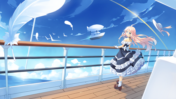 Anime picture 1920x1080 with vocaloid ia (vocaloid) ame no uta (aria-rain) long hair highres blue eyes wide image standing bare shoulders sky cloud (clouds) white hair braid (braids) looking back wind from behind sunlight twin braids back flying