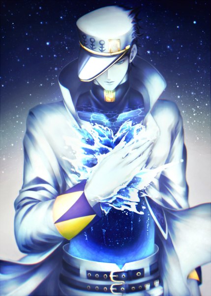 Anime picture 1715x2400 with jojo no kimyou na bouken kujo jotaro alo (m-o-k-e-k-e) single tall image highres short hair blue eyes black hair upper body head tilt looking down pale skin hat over eyes boy hat water belt star (stars) turtleneck