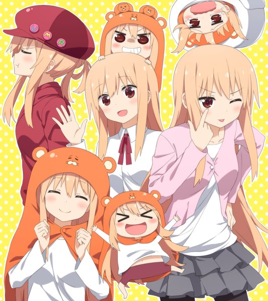 Anime picture 852x957 with himouto! umaru-chan doga kobo doma umaru komaru haribote (tarao) tall image blush fringe breasts open mouth simple background smile red eyes eyes closed :d profile one eye closed leaning leaning forward hand on hip