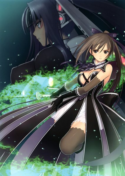 Anime picture 3290x4647 with tony taka long hair tall image highres black hair bare shoulders absurdres ponytail black eyes girl thighhighs dress gloves ribbon (ribbons) weapon black thighhighs hair ribbon sword elbow gloves katana