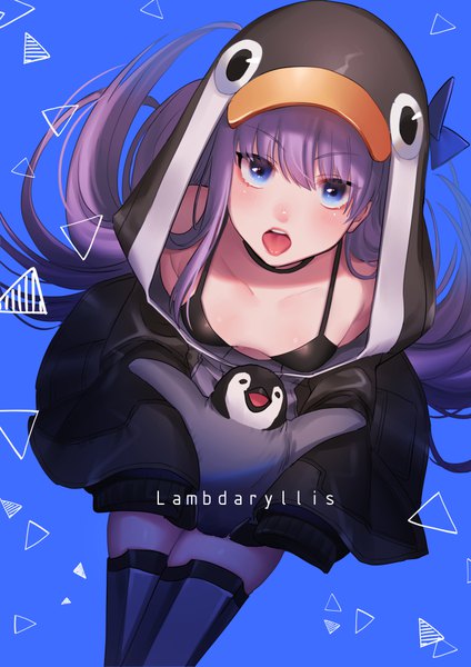 Anime picture 700x990 with fate (series) fate/grand order meltryllis (fate) meltryllis (swimsuit lancer) (fate) meltryllis (swimsuit lancer) (first ascension) (fate) noriuma single long hair tall image looking at viewer blush fringe blue eyes light erotic hair between eyes purple hair animal hood swimsuit under clothes girl swimsuit