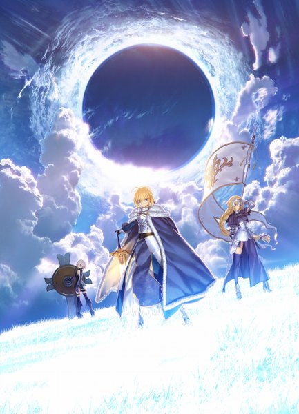 Anime picture 1920x2661 with fate (series) fate/grand order fate/stay night fate/apocrypha artoria pendragon (all) saber jeanne d'arc (fate) (all) mash kyrielight jeanne d'arc (fate) takeuchi takashi long hair tall image looking at viewer fringe highres short hair breasts blue eyes blonde hair hair between eyes