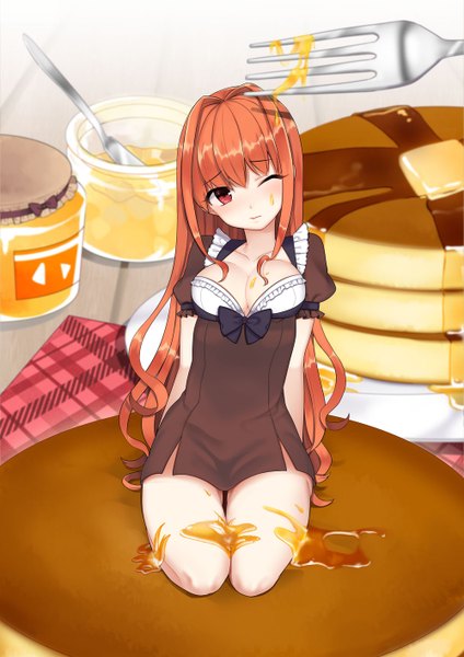 Anime picture 1000x1414 with original nacsi (amo) single long hair tall image looking at viewer blush breasts light erotic red eyes sitting bent knee (knees) one eye closed orange hair embarrassed kneeling girl dress bow food