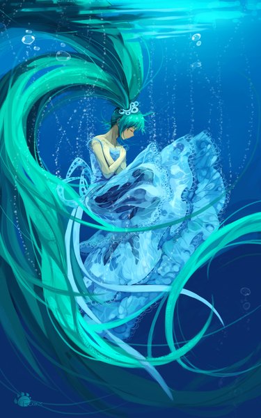 Anime picture 1240x1983 with vocaloid hatsune miku bogex single tall image fringe twintails bare shoulders eyes closed very long hair profile aqua hair underwater girl dress water bubble (bubbles) blue dress